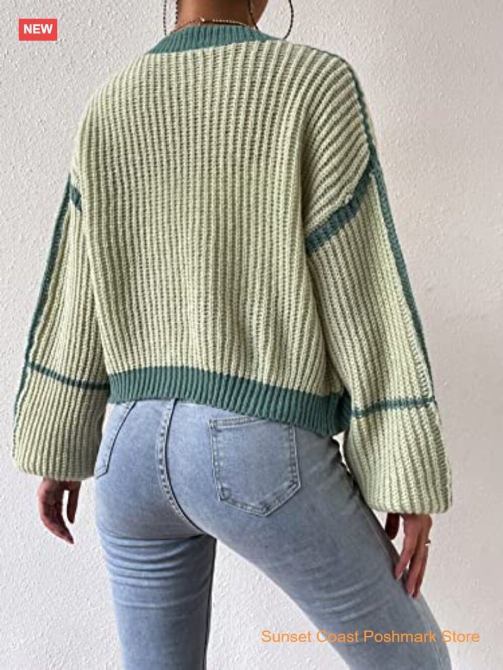 Color Block Crop Cardigan Top Bishop Long Sleeve Open Front Sweater - Picture 2 of 7